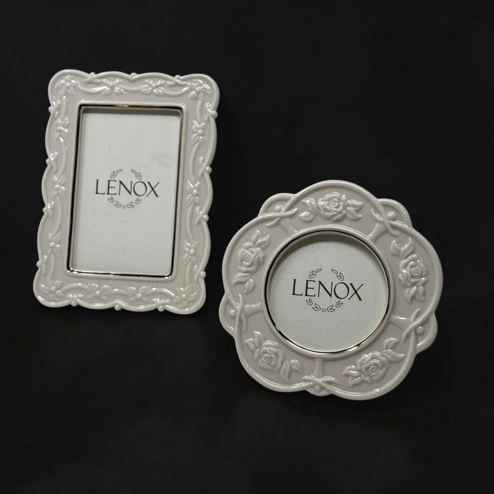 Lenox Cottagecore Picture Frame Set NIB White Porcelain Floral Rose 4x6 & Round